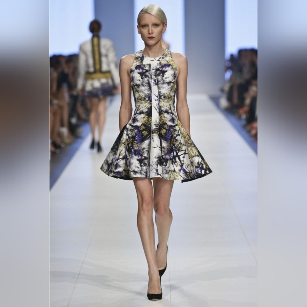 JOSH GOOT Purple Black Marble Print Silk Neoprene Rubber Scuba Dress Size S